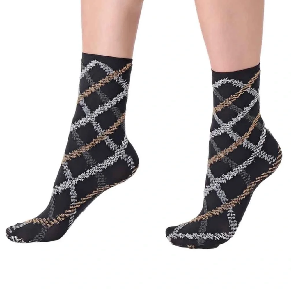 OROBLU OPAQUE FUR TARTAN ANKLE SOCKS BLACK SILVER GOLD NWOT